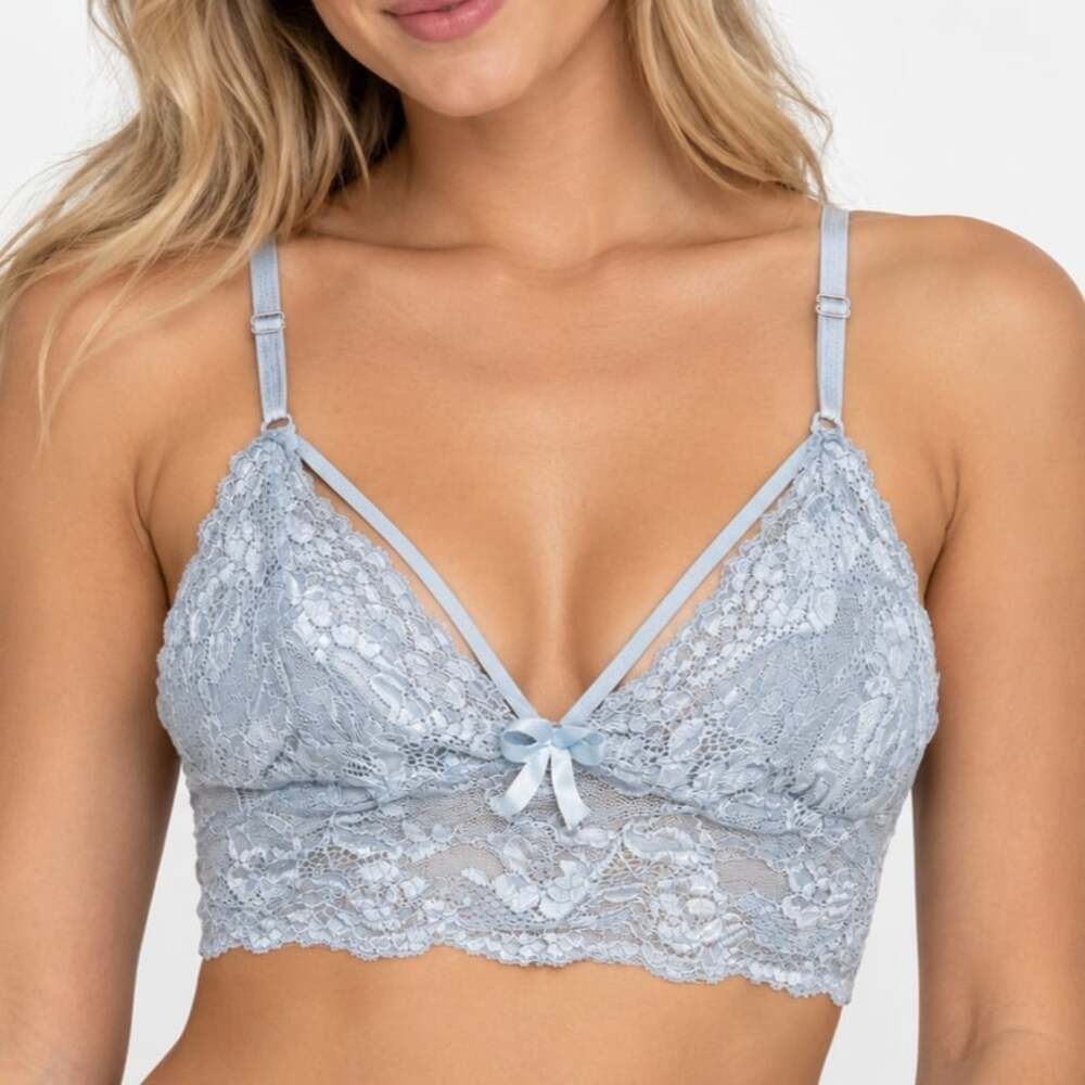 Dusty Blue Floral Lace Strappy Bralette Longline Bra